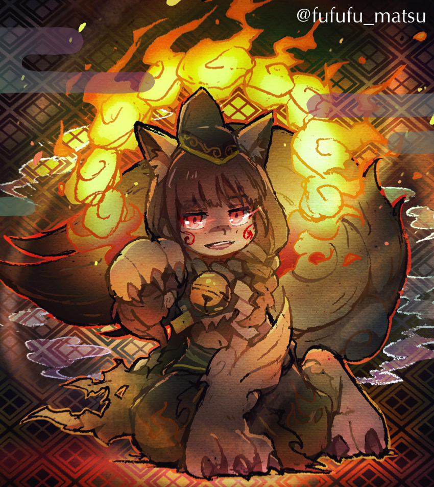 1girl absurdres animal_ear_fluff animal_ears animal_hands bell braid brown_hair brown_tail facial_mark fox_ears fox_girl fox_tail freckles funuyu glowing glowing_eyes hat highres japanese_clothes jyushimatsu's_girlfriend kemonomimi_mode kitsune kyuubi long_hair multiple_tails neck_bell open_mouth osomatsu-san paw_pose red_eyes smile spiral_blush_stickers tail tokin_hat