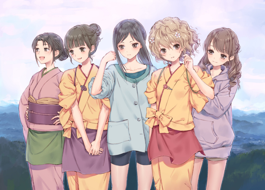 5girls absurdres apron bike_shorts black_hair blush brown_hair feet_out_of_frame green_apron green_shirt hanasaku_iroha hands_on_own_hips highres japanese_clothes kimono kishida_mel kissuisou_uniform matsumae_ohana multiple_girls nakai_(waitress) obi oshimizu_nako pink_kimono purple_apron purple_hood red_apron sash shirt sleeves_rolled_up tasuki tsurugi_minko wajima_tomoe wakura_yuina yellow_kimono