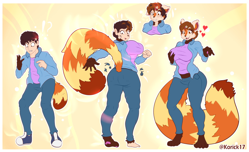 absurd_res ailurid anthro big_breasts breast_growth breasts brown_hair clothed clothing colored female fur gender_transformation growth hair hi_res holding_breast human korick17 looking_at_self male mammal mtf_transformation orange_body orange_fur red_panda solo species_transformation surprised_expression tail tail_growth thick_thighs transformation