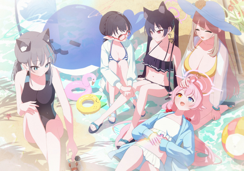 4girls :d ^_^ absurdres ahoge animal_ear_fluff animal_ears ayane_(blue_archive) ayane_(swimsuit)_(blue_archive) beach beach_mat bikini black_bikini black_hair blue_archive blue_eyes blue_jacket breasts brown_hair cat_ears cat_girl cleavage closed_eyes commentary_request crab extra_ears frilled_bikini frills from_above glasses grey_hair hair_between_eyes hair_bobbles hair_ornament halo heterochromia highres hoshino_(blue_archive) hoshino_(swimsuit)_(blue_archive) hugging_own_legs innertube jacket kaerunrun long_hair long_sleeves looking_at_another lying_on_lap medium_hair mismatched_pupils multiple_girls navel nonomi_(blue_archive) nonomi_(swimsuit)_(blue_archive) ocean official_alternate_costume official_alternate_hairstyle open_clothes open_jacket outdoors pink_hair pointy_ears red_eyes sandals school_swimsuit seiza serika_(blue_archive) serika_(swimsuit)_(blue_archive) shiroko_(blue_archive) shiroko_(swimsuit)_(blue_archive) sidelocks sitting sleeveless smile stomach striped striped_bikini swimsuit white_bikini wolf_ears wolf_girl yellow_bikini