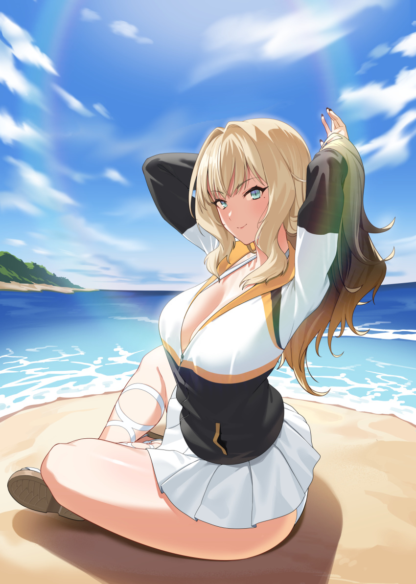 1girl arms_up beach black_hair black_jacket blonde_hair blue_eyes blue_sky breasts cleavage closers cloud from_side full_body gradient_hair hands_in_hair harpy_(closers) highres indian_style island jacket large_breasts leg_ribbon lens_flare long_hair long_sleeves looking_at_viewer looking_to_the_side miniskirt multicolored_clothes multicolored_hair multicolored_jacket ocean official_art outdoors pleated_skirt ribbon sand sandals sidelocks sitting skirt sky smile solo two-tone_jacket v-shaped_eyebrows white_footwear white_jacket white_ribbon white_skirt