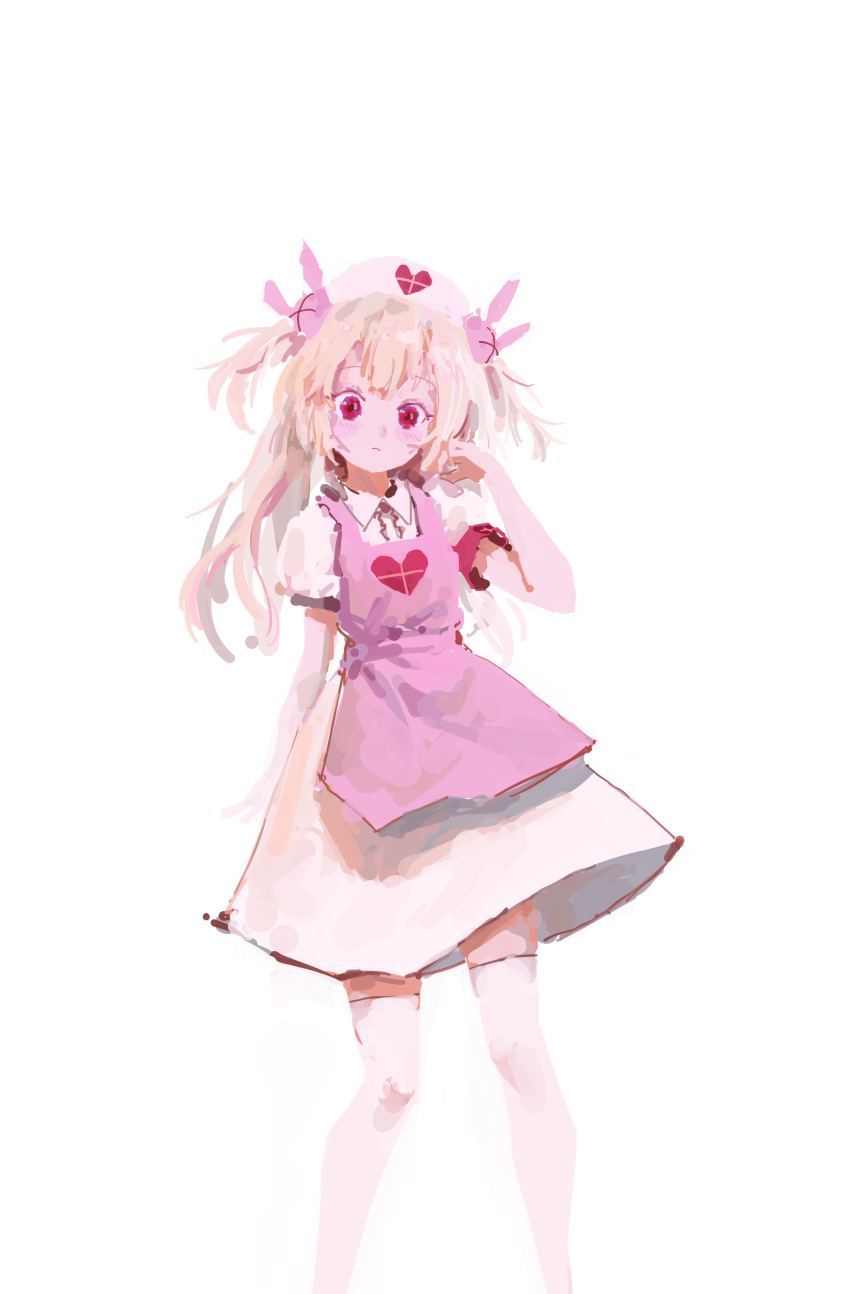 &gt;_&lt; 1girl absurdres apron armband blonde_hair collared_dress commentary dress hair_ornament hand_up hat heart heart_print highres long_hair looking_at_viewer natori_sana nurse_cap pink_apron pink_headwear puffy_short_sleeves puffy_sleeves rabbit_hair_ornament red_armband red_eyes reddizen sana_channel short_sleeves simple_background solo standing thighhighs two_side_up virtual_youtuber white_background white_dress white_thighhighs