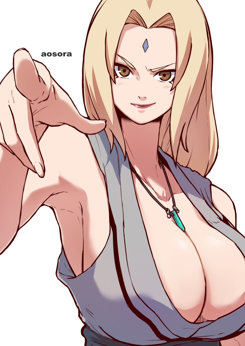 1girl aosora2823 armpits artist_name blonde_hair blush breasts brown_eyes cleavage collarbone facial_mark forehead forehead_mark foreshortening grey_kimono highres huge_breasts japanese_clothes jewelry kimono mature_female naruto naruto_(series) parted_lips pointing pointing_at_viewer red_lips simple_background sleeveless sleeveless_kimono smile solo tsunade_(naruto) upper_body white_background