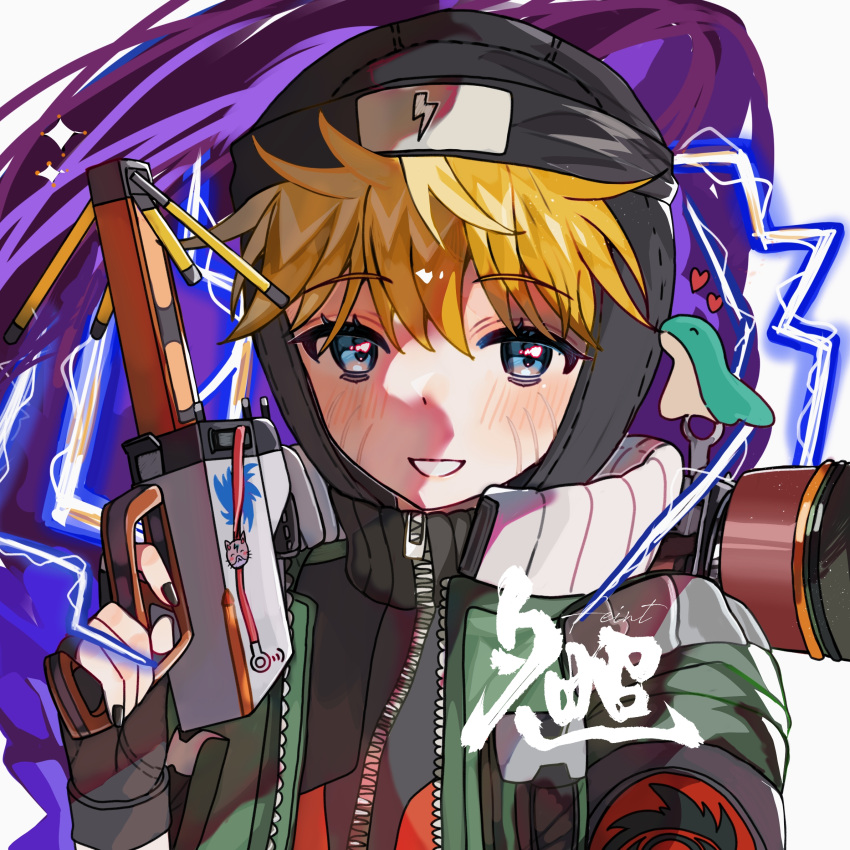 1girl animification apex_legends black_nails blonde_hair blue_eyes blush chinese_commentary electricity green_jacket hair_between_eyes heart highres holding holding_weapon jacket lightning lightning_bolt_symbol lightning_spirit_wattson looking_at_viewer nessie_(respawn) official_alternate_costume parted_lips portrait roastfish smile solo wattson_(apex_legends) weapon