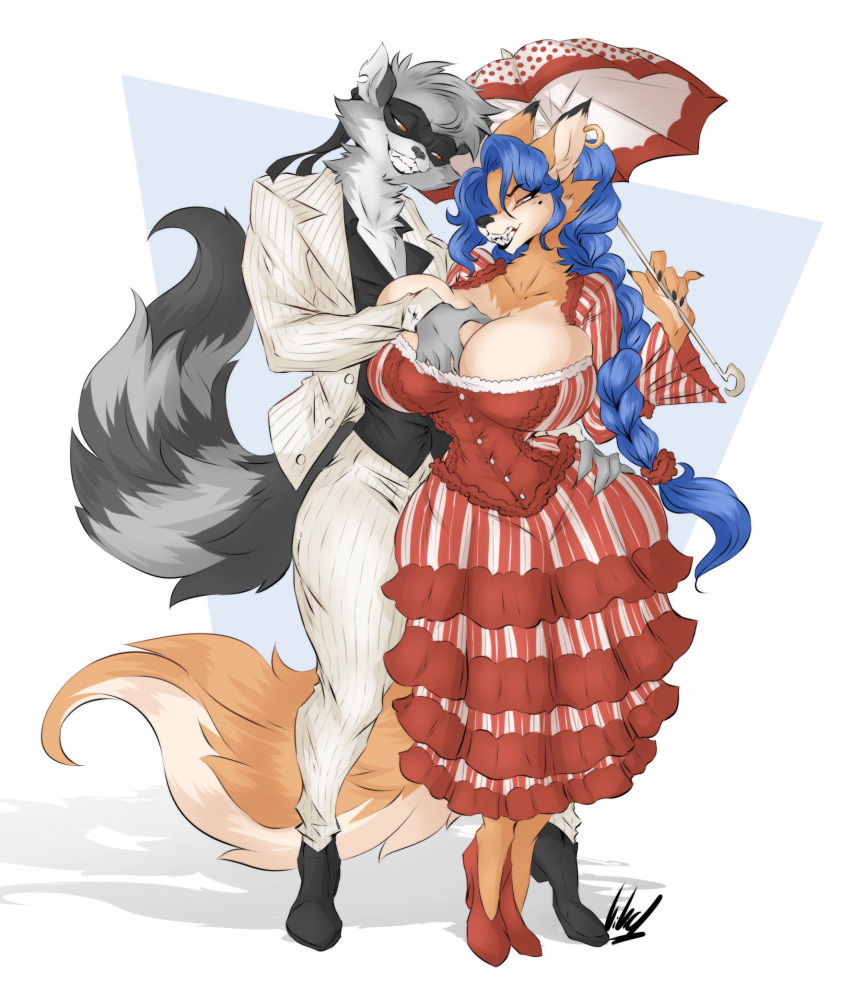 anthro bare_chest big_breasts blue_hair braided_hair braided_ponytail breast_squish breasts canid canine carmelita_fox cleavage cleavage_cutout clothed clothing corset dress dullvivid duo fangs female fluffy fluffy_tail footwear fox fur grey_body grey_fur hair hand_on_hip hi_res high_heeled_shoes high_heels lingerie looking_pleasured male male/female mammal markings mask narrowed_eyes orange_body orange_fur pattern_clothing pattern_dress pinstripe_clothing pinstripe_suit pinstripes playful ponytail procyonid raccoon red_clothing red_dress ring_(marking) ringtail romantic romantic_couple seductive shoes size_difference sly_cooper sly_cooper_(series) sony_corporation sony_interactive_entertainment squeezing squish striped_clothing striped_dress stripes sucker_punch_productions suit tail tail_markings teeth topwear umbrella