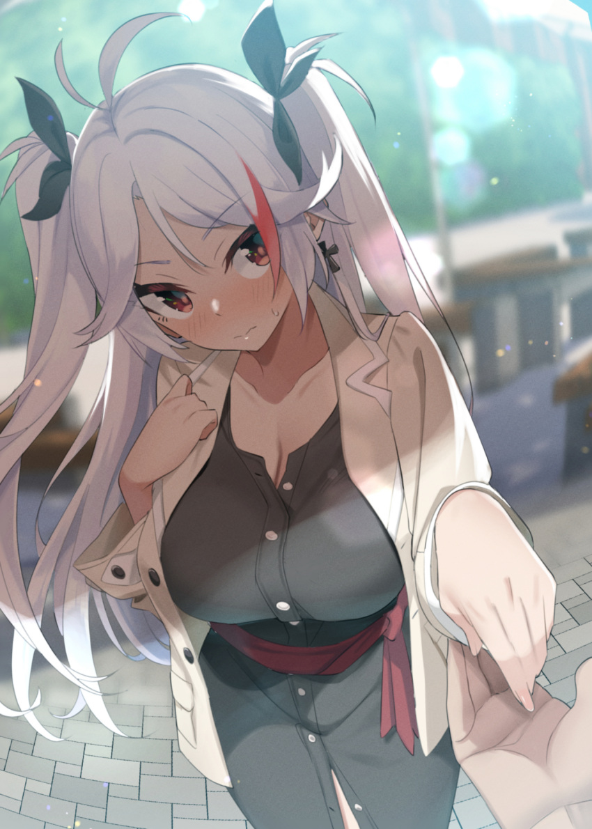 1boy 1girl alternate_costume azur_lane black_dress blurry blurry_background blush breasts buttons cleavage closed_mouth commission cross cross_earrings day dress earrings hair_ribbon highres jacket jewelry large_breasts long_hair long_sleeves looking_at_viewer multicolored_hair open_clothes open_jacket outdoors prinz_eugen_(azur_lane) red_hair ribbon sasanon_(sasapoliton) skeb_commission solo_focus streaked_hair sweat two_side_up very_long_hair white_hair