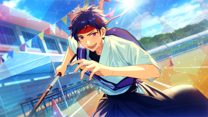 1boy blue_hair blush chair cowboy_shot dark_blue_hair ensemble_stars! fingernails fushimi_yuzuru happy_elements headband holding looking_at_viewer male_focus mole mole_under_eye official_art open_mouth outdoors purple_eyes red_headband short_bangs short_hair short_sleeves solo sports_festival_3_(ensemble_stars!) string_of_flags sweat table teeth third-party_source traffic_cone