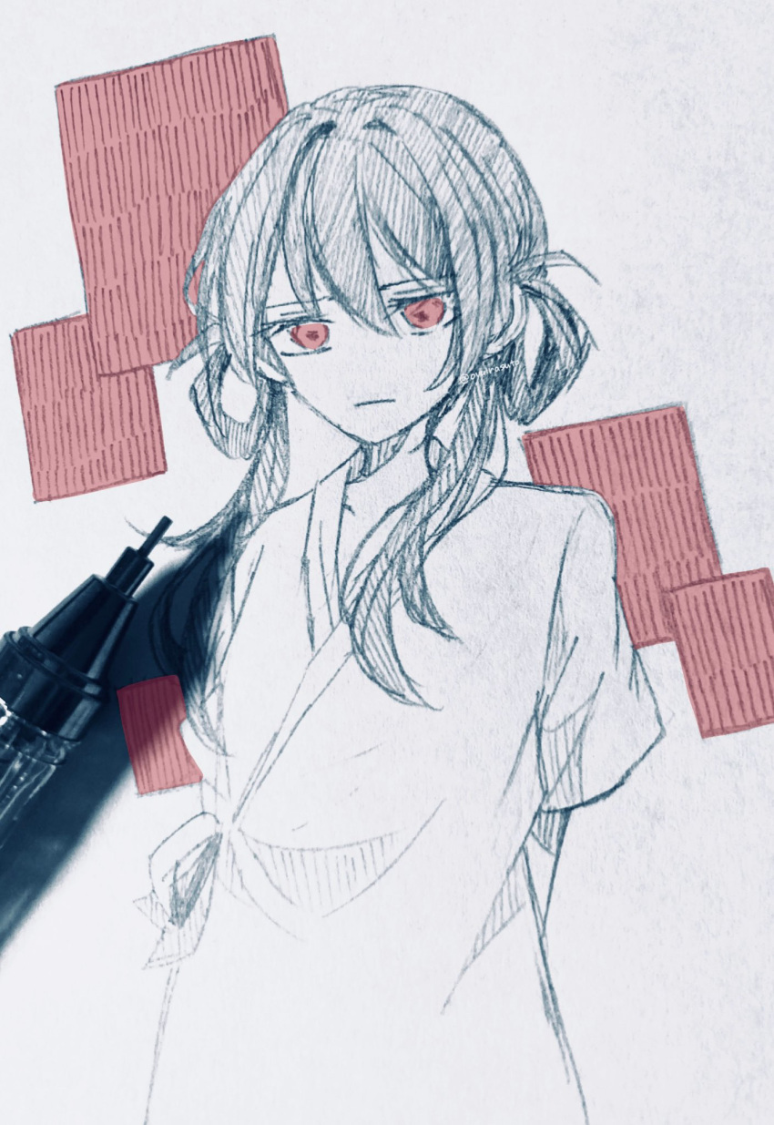 1girl arms_behind_back art_tools_in_frame grey_hair highres long_hair mama_ni_aitai oyuirasuto red_eyes sad sanbanme short_sleeves simple_background sketch traditional_media twintails worried