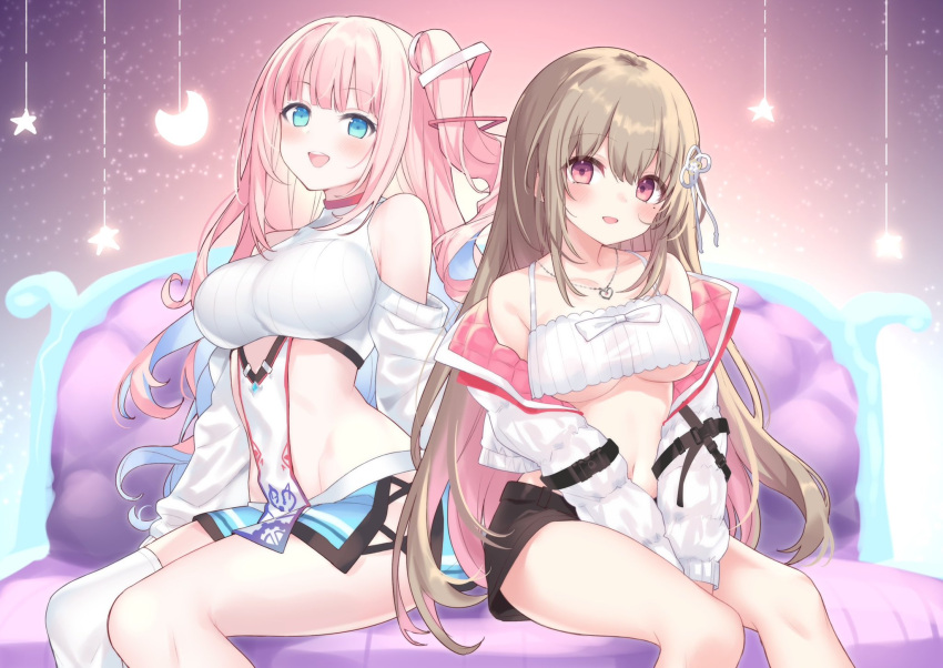 2girls ayaginu_temari bare_shoulders between_legs black_shorts blue_eyes blue_skirt breasts brown_hair camisole choker clothing_cutout colored_inner_hair crop_top crop_top_overhang cropped_jacket flower_knot hair_ribbon hand_between_legs highres hiraga_matsuri isekai_tensei_shite_v_ni_narimashita jacket jewelry large_breasts long_hair long_sleeves looking_at_viewer midriff mole mole_under_eye multicolored_hair multiple_girls navel necklace off_shoulder one_side_up open_clothes open_jacket open_mouth pink_eyes pink_hair propro_production red_choker revealing_clothes ribbed_shirt ribbon shirt short_shorts shorts shoulder_cutout side_slit single_thighhigh sitting skirt sleeveless sleeveless_shirt smile spaghetti_strap stomach thighhighs thighs underboob v_arms very_long_hair virtual_youtuber white_jacket white_shirt yumesaki_mia