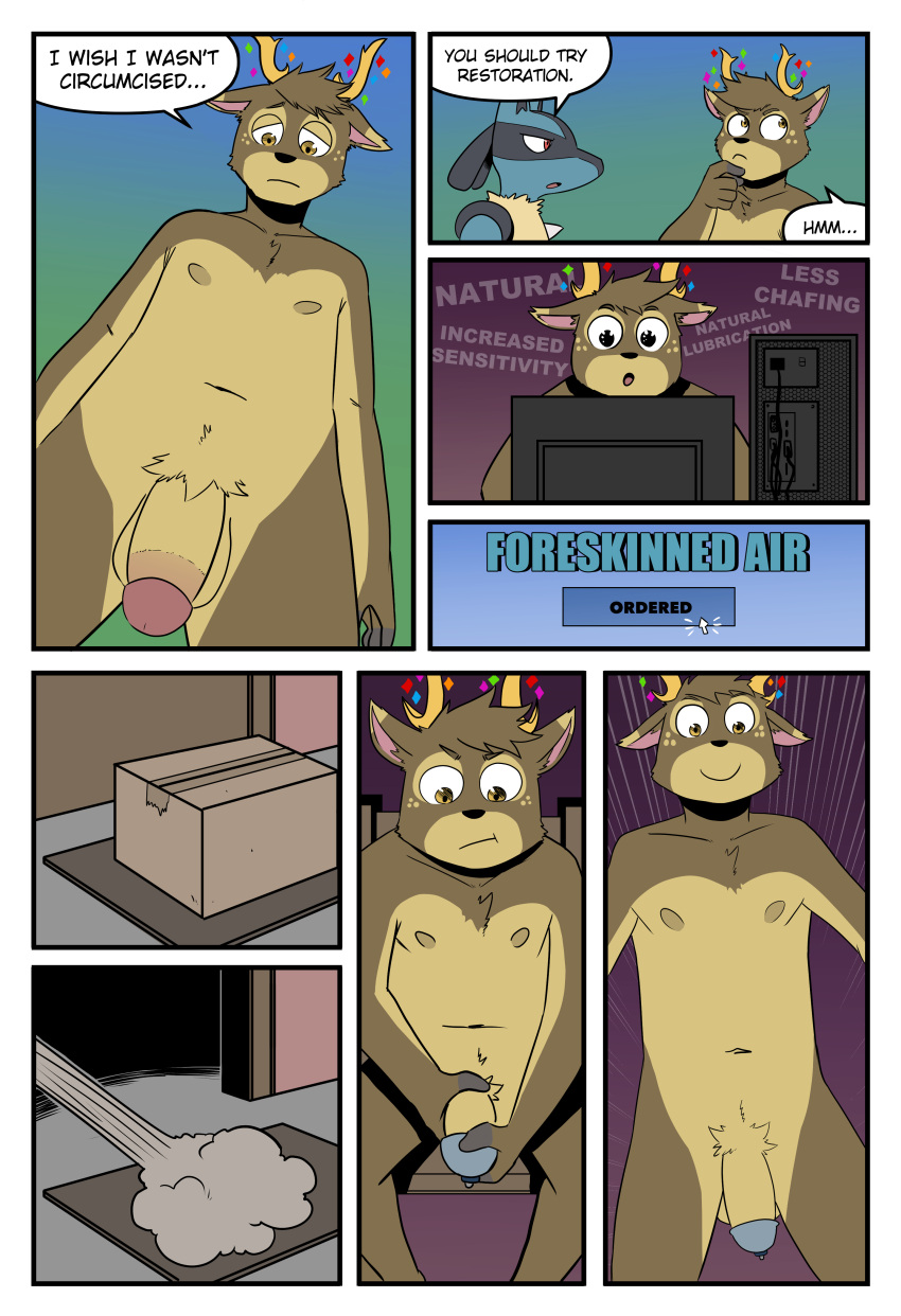 8_panel_comic absurd_res anthro antlers atlas_the_deer balls black_body black_fur black_nose black_text blue_body blue_fur blue_text box brown_body brown_fur brown_hair cervine chair chest_spike circumcised circumcision_scar clicking comic comic_panel computer computer_monitor container deer dialogue digital_media_(artwork) door_frame doormat duo english_text fingers foreskin foreskin_pull foreskin_pulling foreskin_restoration foreskin_restoration_device foreskinned_air front_view fur furniture gasp gasping generation_4_pokemon genital_scar genitals gold_(metal) gradient_background hair happy hi_res hooved_fingers hooves horn humanoid_genitalia humanoid_penis lucario male mammal monitor nintendo nipples nude open_mouth package penis pink_inner_ear pink_wall pokemon pokemon_(species) rainbow_sparkles red_eyes sad scar simple_background sitting smile solo speech_bubble spikes spikes_(anatomy) standing surprised_expression t0l0k talking_to_another tan_body tan_fur text white_text wire yellow_eyes