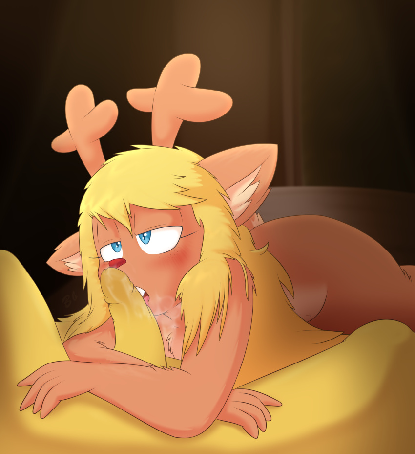 absurd_res after_fellatio after_oral after_sex anthro antlers arms_around_penis bed bedroom_eyes bingbingo_(artist) blonde_hair blue_eyes blush bodily_fluids brown_body brown_fur buckteeth cum cum_on_face deer deltarune dim_lighting doe_with_antlers duo female freckles fur furniture genital_fluids genitals hair hi_res horn human kris_(deltarune) licking long_hair male male/female mammal messy_hair narrowed_eyes navel noelle_holiday open_mouth oral penile penis penis_lick red_nose seductive sex signature teeth tongue tongue_out undertale_(series) window yellow_body