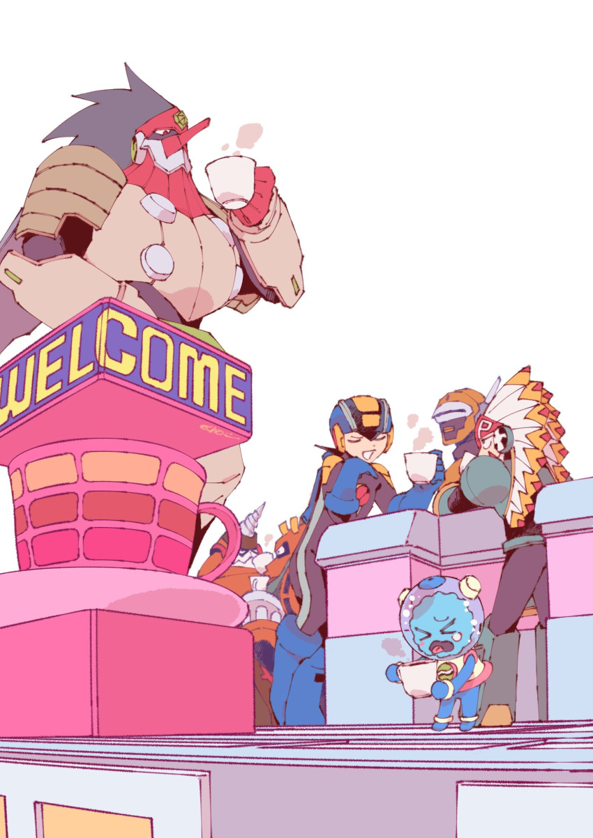 &gt;_&lt; 6+boys aquaman.exe commentary_request cup drinking dustman.exe english_text groundman.exe helmet highres holding holding_cup in-universe_location male_focus mega_man_(series) mega_man_battle_network_(series) mega_man_battle_network_6 megaman.exe multiple_boys nctn_patch simple_background tenguman.exe tomahawkman.exe white_background