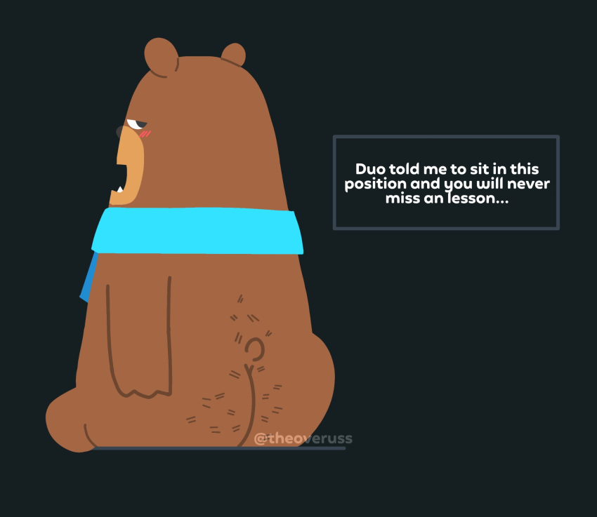 2023 anthro bear big_butt blush blush_lines brown_body brown_fur butt countershade_face countershade_fur countershading dialogue digital_media_(artwork) duolingo english_text falstaff_(duolingo) fur hi_res male mammal mostly_nude on_model open_mouth open_smile scarf scarf_only sitting smile solo tail talking_to_viewer tan_body tan_countershading teeth text theoveruss