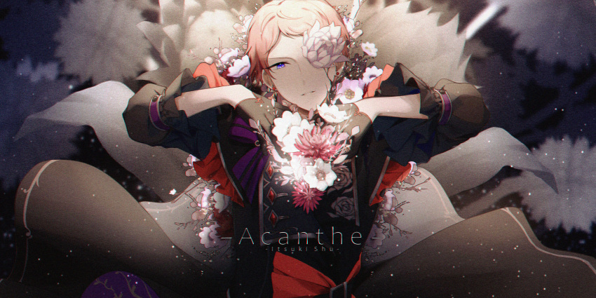 1boy absurdres belt belt_buckle black_belt black_capelet black_coat black_gloves buckle capelet character_name coat cracked_skin dreonya earrings ensemble_stars! floating_clothes floral_background floral_print flower flower_over_eye frilled_capelet frills gloves hands_on_own_chest hands_up head_tilt hermitage_(ensemble_stars!) highres itsuki_shu jewelry lapels light_particles looking_at_viewer male_focus official_alternate_costume parted_lips pink_flower pink_hair purple_eyes rose_print short_bangs short_hair solo song_name stud_earrings upper_body white_flower