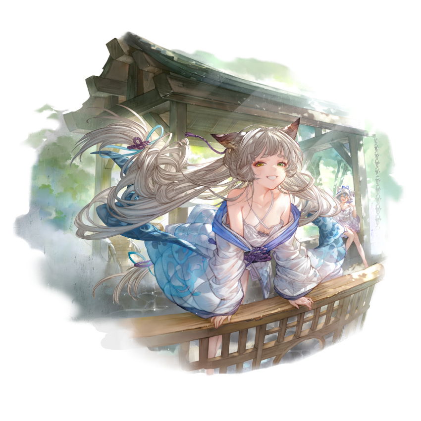 2girls alpha_transparency bare_shoulders blunt_bangs blush braid breasts brown_eyes collarbone erune granblue_fantasy green_eyes grin heterochromia long_hair looking_at_viewer minaba_hideo multiple_girls official_art pholia pholia_(yukata) short_eyebrows small_breasts smile thick_eyebrows transparent_background very_long_hair