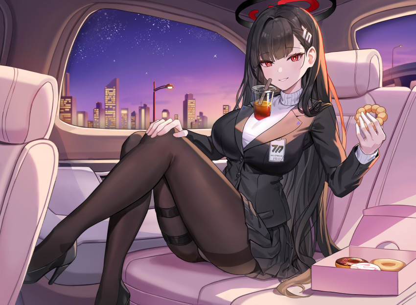 absurdres black_footwear black_hair black_pantyhose black_suit blue_archive breasts bright_pupils brown_pantyhose car_interior doughnut drink food grin hair_ornament hairclip halo high_heels highres holding holding_food holster id_card knees_together_feet_apart knees_up large_breasts legs long_hair looking_at_viewer miniskirt night object_on_breast office_lady pantyhose red_eyes rio_(blue_archive) skirt skl smile suit sweater taut_sweater thigh_holster tsurime turtleneck turtleneck_sweater very_long_hair white_sweater