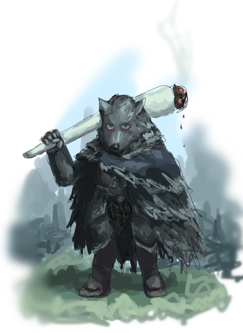 2022 5_fingers anthro armor black_body black_fur blaidd_(elden_ring) bloodshot_eyes blue_eyes boots canid canine canis clothed clothing drugs elden_ring fingers footwear fromsoftware fur hi_res holding_object male mammal marijuana redustheriotact simple_background solo standing wolf