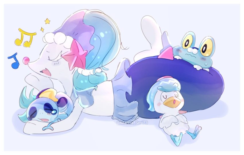 blue_body eyes_closed feral froakie generation_6_pokemon generation_7_pokemon generation_8_pokemon generation_9_pokemon group hi_res itz_smi73 nintendo pokemon pokemon_(species) primarina quaxly scalie simple_background sleeping sobble