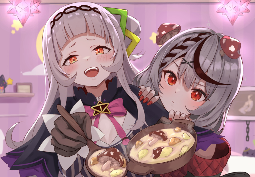 2girls black_coat black_gloves black_hair blush braid breasts cleavage_cutout clothing_cutout coat cropped_shirt food gloves grey_hair hair_bun hair_ornament holding holding_spoon hololive long_hair looking_at_viewer multicolored_hair multiple_girls murasaki_shion murasaki_shion_(1st_costume) mushroom_on_head nail_polish open_mouth red_coat red_eyes red_nails sakamata_chloe sakamata_chloe_(1st_costume) shirt single_braid single_hair_bun small_breasts smile soup spoon streaked_hair striped striped_shirt teeth tonton_utaro two-sided_coat two-sided_fabric upper_teeth_only vertical-striped_shirt vertical_stripes virtual_youtuber x_hair_ornament yellow_eyes