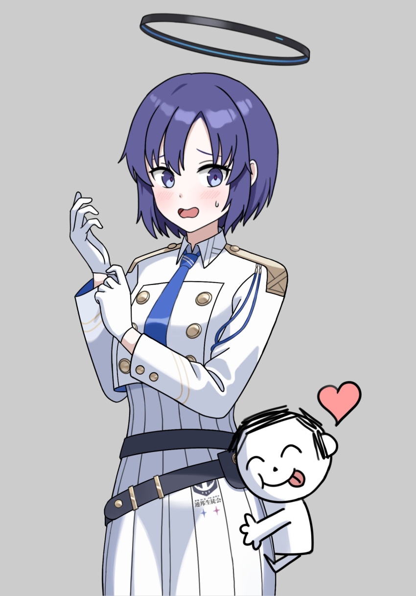 1girl adjusting_clothes adjusting_gloves alternate_hairstyle aoi_(blue_archive) aoi_(blue_archive)_(cosplay) arona's_sensei_doodle_(blue_archive) blue_archive blue_necktie blush bruce8763 collared_jacket cosplay cropped_jacket gloves halo highres necktie open_mouth parted_bangs purple_eyes purple_hair ribbed_skirt sensei_(blue_archive) short_hair sidelocks simple_background solo sweatdrop white_gloves white_uniform yuuka_(blue_archive)