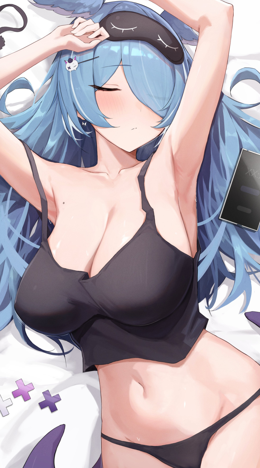 1girl absurdres alternate_costume armpits arms_up black_panties black_shirt blue_hair blush breasts cellphone cleavage closed_eyes closed_mouth collarbone covered_nipples crop_top elira_pendora hair_ornament hair_over_one_eye hairclip head_wings highres large_breasts long_hair low_wings lying mole navel nijisanji nijisanji_en on_back panties phone ruru_(ruru_nnnn) shirt sleep_mask sleeping smartphone solo strap_slip underwear virtual_youtuber wings