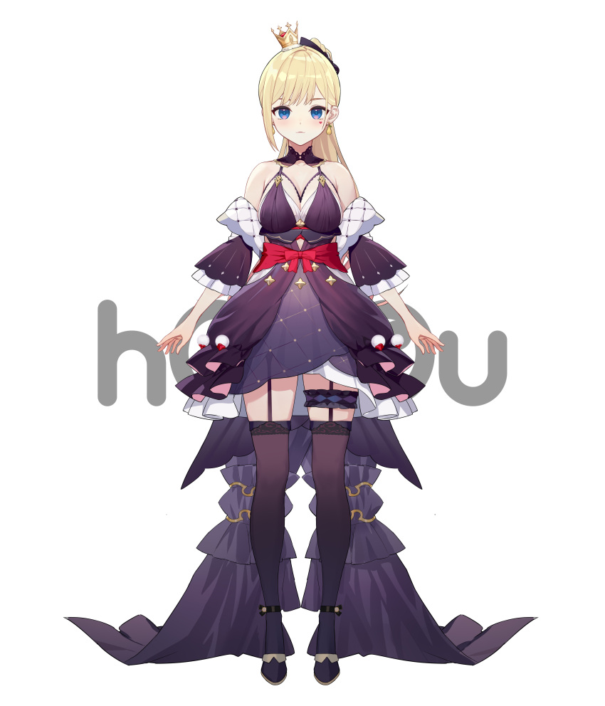 1girl absurdres anklet bare_shoulders black_bow black_footwear blonde_hair blue_eyes bow breasts bridal_garter cleavage copyright_name crown detached_sleeves dress expressionless facial_mark frilled_dress frills full_body garter_straps hair_bow heart heart_facial_mark highres houou_project jewelry lace-trimmed_thighhighs layered_dress logo long_hair looking_at_viewer medium_breasts mini_crown official_art ponytail purple_dress purple_sleeves purple_thighhighs short_dress sideboob sleeveless sleeveless_dress solo standing tachi-e thighhighs tilted_headwear very_long_hair virtual_youtuber wei_weizhao white_background