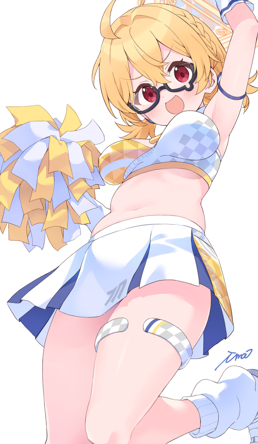 1girl :d arm_up armlet armpits blonde_hair blue_archive braid breasts commentary_request from_below glasses hair_between_eyes halo highres holding holding_pom_poms ima_(lm_ew) kotori_(blue_archive) kotori_(cheer_squad)_(blue_archive) looking_at_viewer looking_down loose_socks low_twintails medium_hair navel official_alternate_costume official_alternate_hairstyle pleated_skirt pom_pom_(cheerleading) red_eyes semi-rimless_eyewear sidelocks signature simple_background single_braid skirt sleeveless smile socks solo standing standing_on_one_leg stomach thighhighs thighlet twintails underboob white_background white_socks white_thighhighs