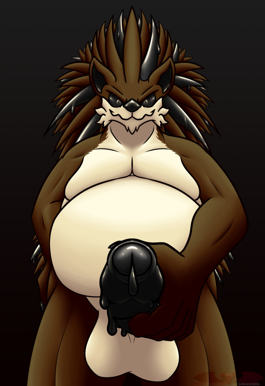 &gt;:) 2021 5_fingers anthro balls belly black_claws black_eyes black_penis black_quills black_sclera brown_body brown_fur brown_quills cheek_tuft chin_tuft claws darkoverord digital_media_(artwork) dripping erection eulipotyphlan facial_tuft fingers first_person_view foreskin fur genitals gradient_background hedgehog hi_res holding_penis humanoid_genitalia humanoid_penis liquid_latex low-angle_view male mammal muscle_tone no_pupils overweight overweight_anthro overweight_male partially_retracted_foreskin penis rubber rubber_creature simple_background smile smiling_at_viewer smirk smirking_at_viewer solo submissive submissive_pov tuft viewer_pov white_balls white_belly white_body white_fur