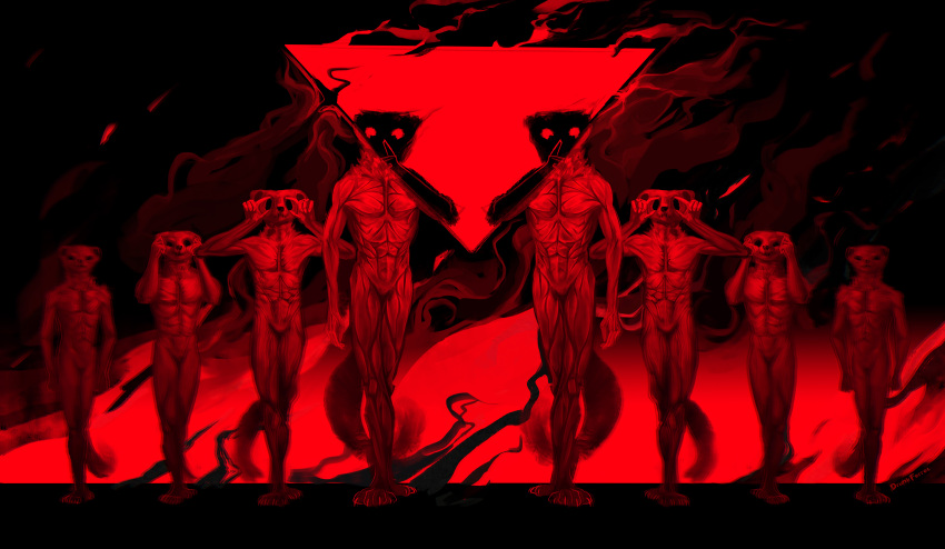 abstract_art abstract_background absurd_res animal_humanoid anthro black contrast domestic_ferret drunk_ferret fire group hi_res horrified horror_(theme) humanoid mammal mammal_humanoid muscul mustelid mustelid_humanoid musteline musteline_humanoid red_body silence skinless triangle_(disambiguation) true_musteline weasel weasel_humanoid