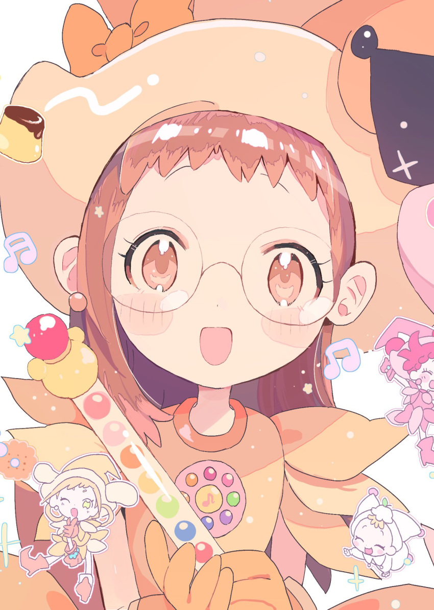 1girl :d amakawa_tamawo asuka_momoko bow brown_eyes brown_hair chibi chibi_inset commentary_request dress food fujiwara_hazuki glasses gloves harukaze_doremi hat hat_bow highres holding holding_wand long_hair magical_girl makihatayama_hana musical_note ojamajo_doremi orange_bow orange_dress orange_gloves orange_headwear pudding round_eyewear smile sparkle upper_body wand witch_hat