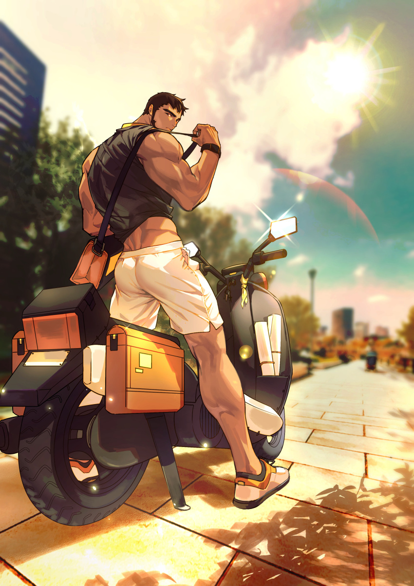 1boy absurdres alternate_costume ass bag baimeme bara beard black_hair calf clothes_lift cloud cloudy_sky dungeon_and_fighter facial_hair from_behind full_body highres large_pectorals looking_at_viewer looking_back male_focus mature_male muscular muscular_male on_motorcycle pectorals shirt shirt_lift shoes short_hair shorts shoulder_bag side_slit sky solo sunlight thick_eyebrows watch white_shorts wristwatch