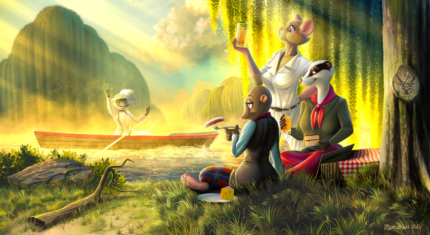 absurd_res anthro badger_(wind_in_the_willows) basket boat clothing container crossgender female group hi_res light memonius moley_(wind_in_the_willows) mr_toad_(wind_in_the_willows) mtf_crossgender picnic picnic_basket picnic_blanket ratty_(wind_in_the_willows) riverbank sunlight vehicle watercraft wind_in_the_willows