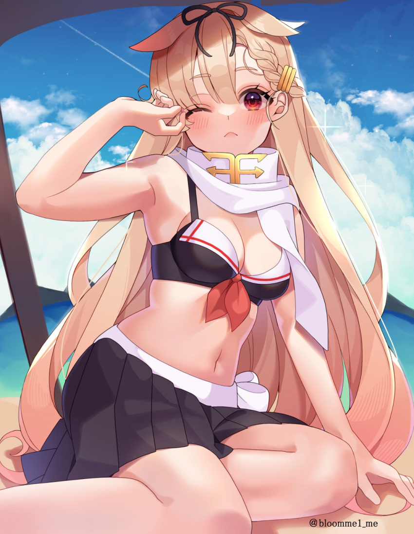 1girl adapted_costume bikini bikini_skirt black_bikini black_ribbon black_skirt blonde_hair braid braided_bangs breasts commentary_request front-tie_bikini_top front-tie_top hair_flaps hair_ornament hair_ribbon hairclip highres kantai_collection kozu_(bloomme1_me) long_hair medium_breasts official_alternate_costume official_alternate_hairstyle pleated_skirt red_eyes revision ribbon scarf skirt solo swimsuit white_scarf yuudachi_(kancolle) yuudachi_kai_ni_(kancolle)