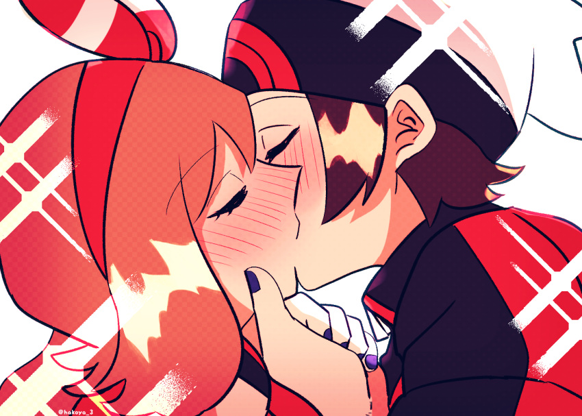 1boy 1girl beanie blush bow_hairband brendan_(pokemon) brown_hair closed_eyes hairband hakoya hand_on_another's_chin hat hetero kiss may_(pokemon) nail_polish pokemon pokemon_oras sparkle twitter_username upper_body