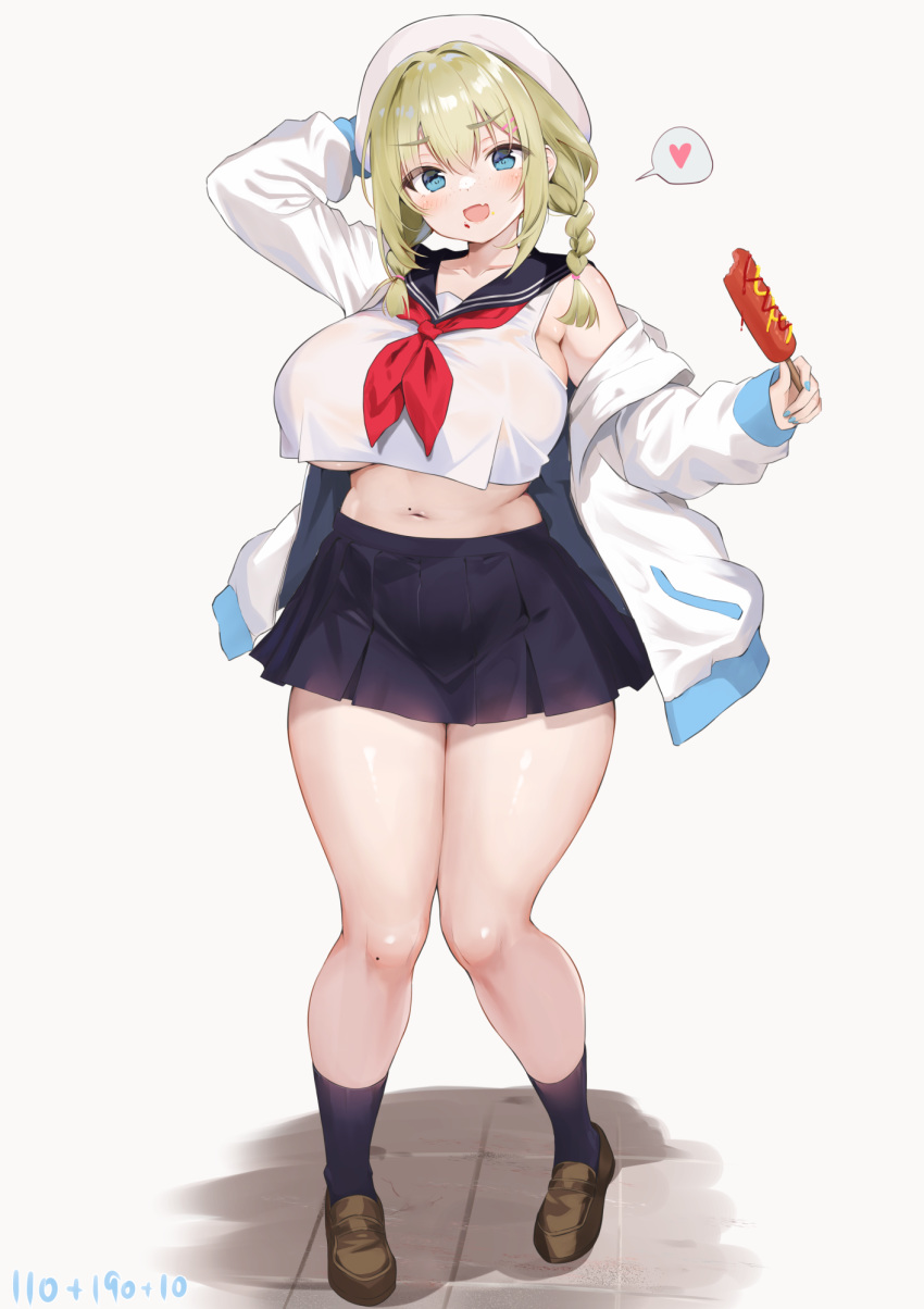 1girl :d arm_up aymusk black_sailor_collar black_skirt black_socks blonde_hair blue_eyes blush breasts brown_footwear coat collarbone corn_dog curvy fang food freckles heart highres holding holding_food large_breasts loafers looking_at_viewer nail_polish navel off_shoulder open_mouth original sailor_collar school_uniform serafuku shirt shoes simple_background skirt smile socks solo spoken_heart standing underboob white_background white_coat white_serafuku white_shirt