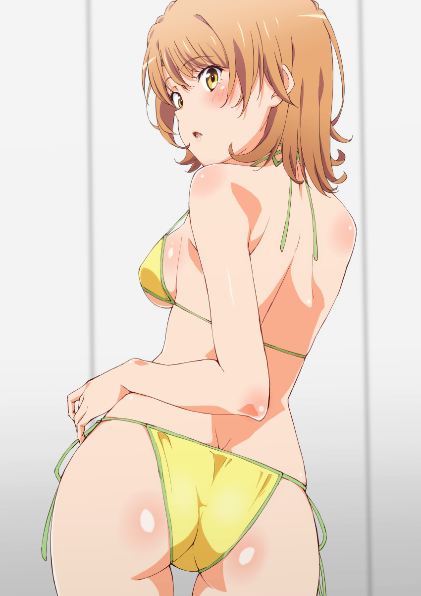 1girl absurdres ass back backboob bare_shoulders bikini blush breasts brown_eyes brown_hair butt_crack commentary from_behind halterneck hand_on_own_hip highres isshiki_iroha looking_at_viewer looking_back lower_teeth_only medium_breasts medium_hair open_mouth revision shiny_skin short_hair shou937 side-tie_bikini_bottom solo standing string_bikini swimsuit teeth yahari_ore_no_seishun_lovecome_wa_machigatteiru. yellow_bikini