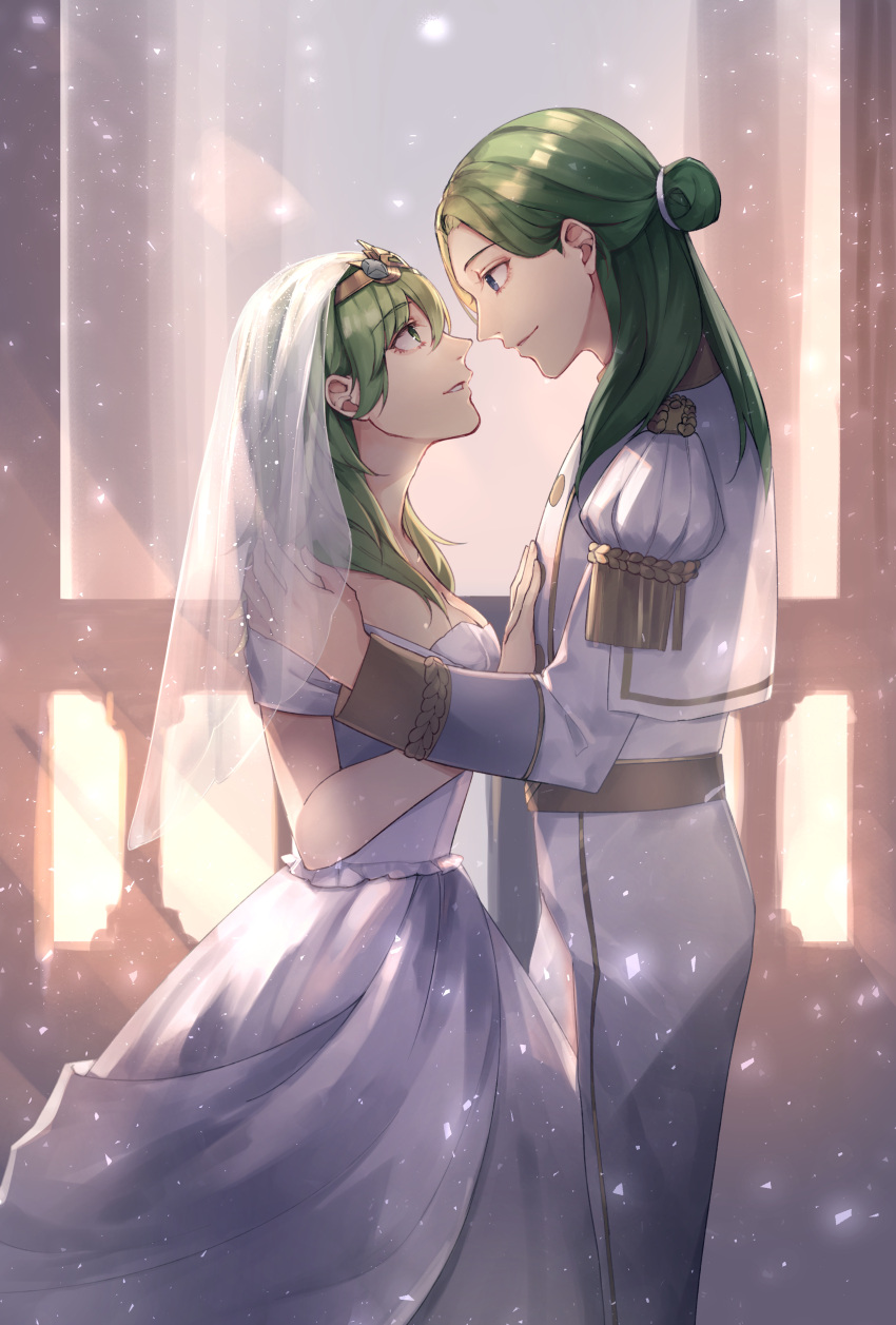 1boy 1girl absurdres balcony bridal_veil bride byleth_(female)_(fire_emblem) byleth_(fire_emblem) couple dress enlightened_byleth_(female) epaulettes fire_emblem fire_emblem:_three_houses green_hair groom hair_bun half_updo hands_on_another's_shoulders hetero highres husband_and_wife linhardt_von_hevring long_hair mirin. single_hair_bun suit veil wedding wedding_dress white_suit