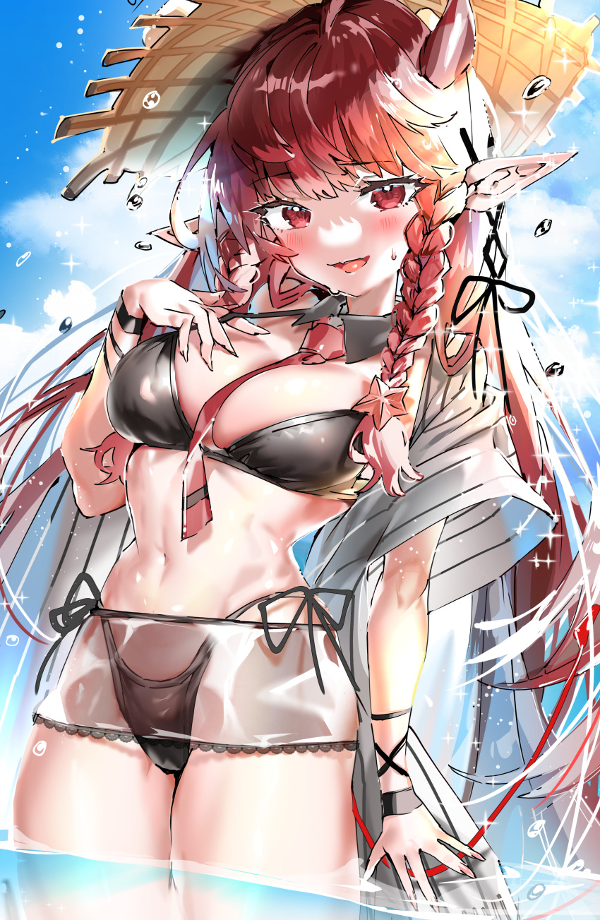 1girl absurdres arknights bikini black_bikini braid breasts brown_headwear demon_girl demon_horns demon_tail hat highres horns large_breasts light_blush long_hair looking_at_viewer navel official_alternate_costume open_mouth pointy_ears red_eyes red_hair smile solo stomach straw_hat swimsuit tail tekona0 twin_braids very_long_hair vigna_(arknights) vigna_(casual_vacation)_(arknights) water