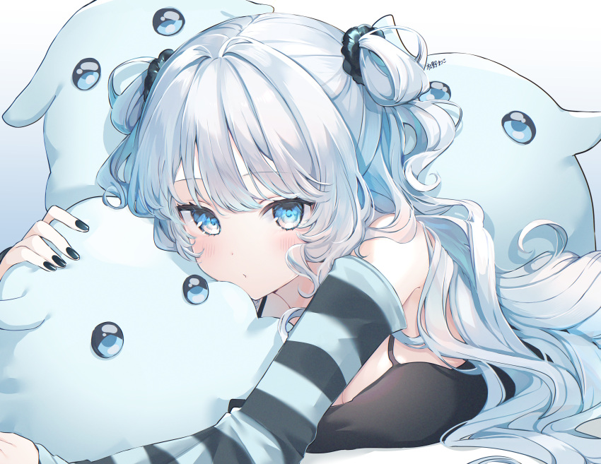 1girl absurdres black_nails blue_eyes breasts cleavage detached_sleeves expressionless highres long_hair looking_at_viewer lying on_stomach original solo spaghetti_strap striped_sleeves stuffed_animal stuffed_toy twintails wako_morino white_hair