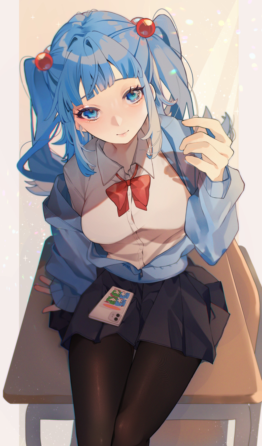 1girl absurdres alternate_costume black_pantyhose black_skirt blue_eyes blue_hair blue_jacket bow bowtie cellphone closed_mouth collared_shirt commentary_request desk earphones feet_out_of_frame hair_bobbles hair_ornament hand_on_table hand_up highres holding holding_earphones jacket kagiyama_hina kappa_mame kawashiro_nitori long_hair long_sleeves looking_at_viewer open_clothes open_jacket pantyhose phone red_bow red_bowtie school_desk shirt sidelocks sitting sitting_on_table skirt smartphone smartphone_case smile solo touhou twintails wavy_eyes white_shirt wireless_earphones