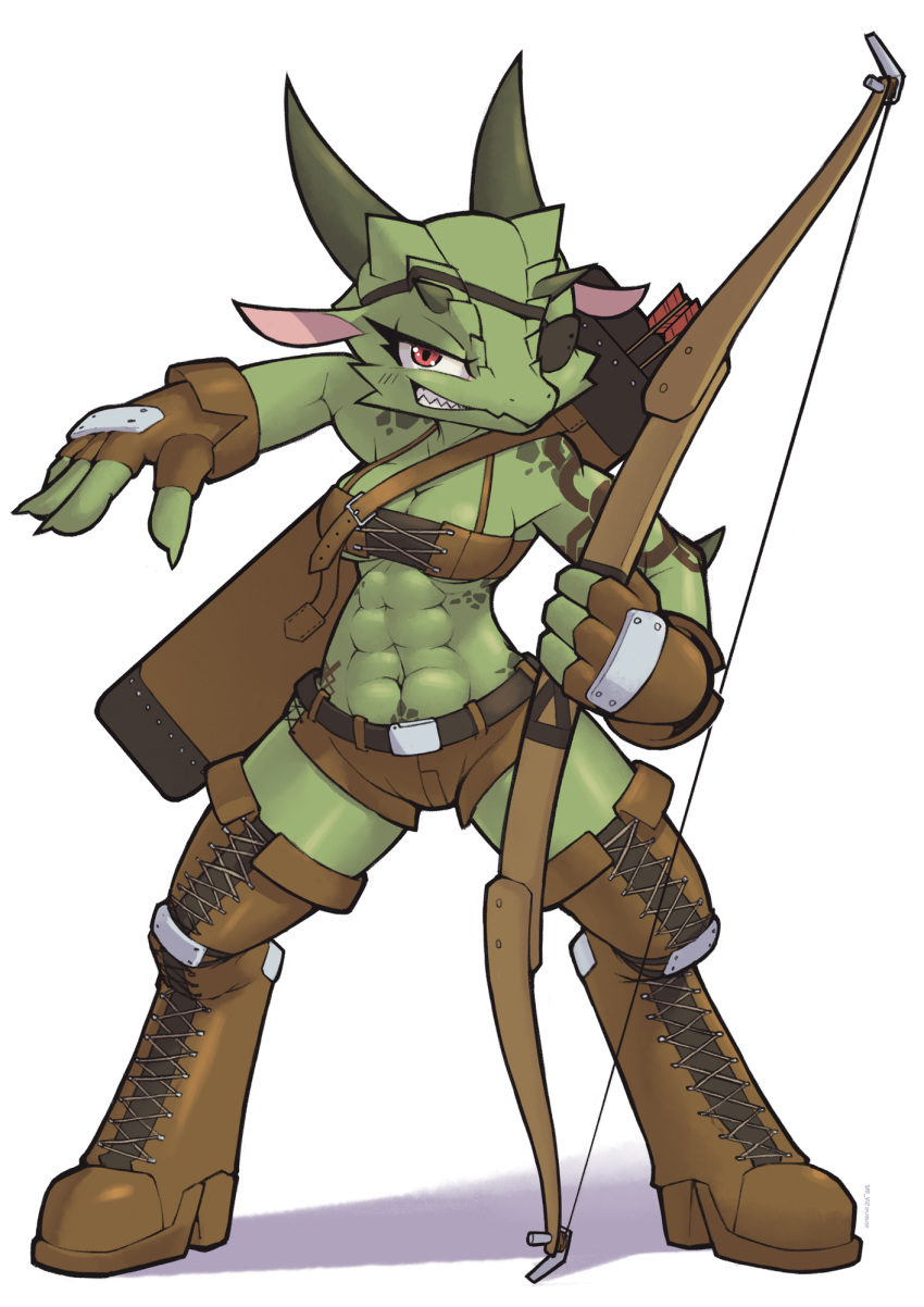2023 abs anthro archer arrow_(weapon) blush bow_(weapon) breasts clenched_teeth clothed clothing digital_media_(artwork) eye_patch eyewear female female_anthro footwear full-length_portrait hi_res holding_bow_(weapon) holding_object holding_weapon horn kemono kobold legwear looking_at_viewer muscular muscular_anthro muscular_female portrait quiver ranged_weapon reptile sat_v12 scales scalie simple_background smile smirk solo teeth translated_description weapon white_background