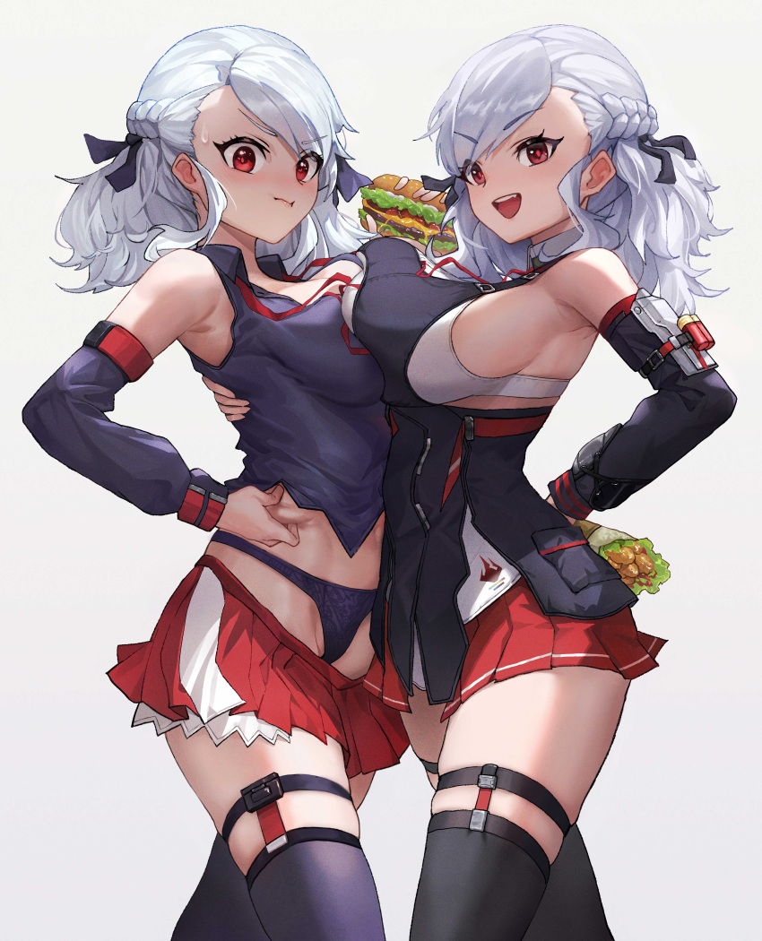 :d absurdres arm_around_back black_panties black_ribbon black_shirt black_thighhighs breasts burger chinese_commentary cleavage closed_mouth commentary commentary_request detached_sleeves fang folded_braid food girls'_frontline girls'_frontline_2:_exilium hair_ribbon highres large_breasts looking_at_viewer open_mouth panties pinching pleated_skirt red_eyes red_skirt ribbon shirt shotgun_shell sideboob simple_background skirt smile spas-12_(girls'_frontline) thighhighs underwear undressing white_background white_hair zerowill