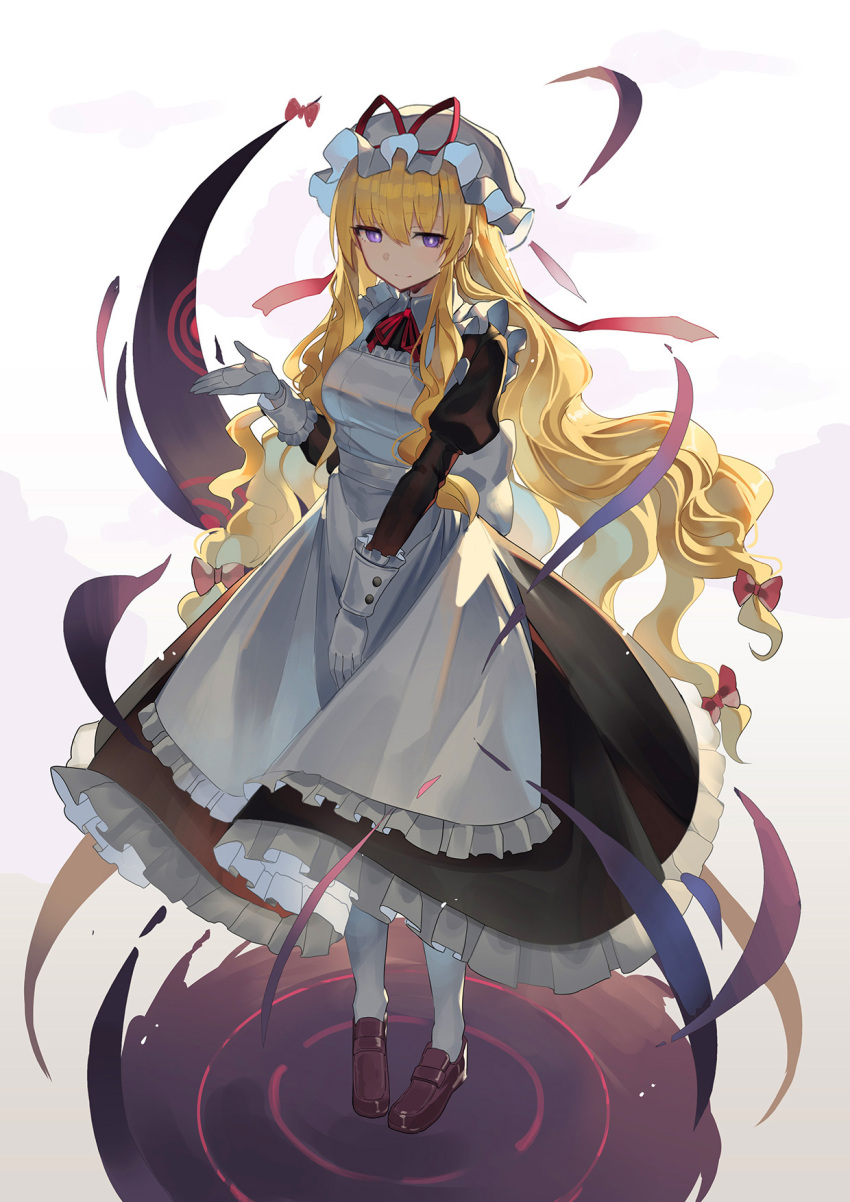 1girl alternate_costume apron black_dress blonde_hair bow breasts brown_footwear buttons closed_mouth collared_dress commentary_request dress enmaided falken_(yutozin) floating_hair frilled_apron frilled_dress frilled_sleeves frills full_body gap_(touhou) gathers gloves hair_between_eyes hair_bow hand_up hat hat_ribbon highres juliet_sleeves light_blush light_smile loafers long_dress long_hair long_sleeves looking_at_viewer low-tied_long_hair maid maid_apron medium_breasts mob_cap neck_ribbon outstretched_arm pantyhose puffy_sleeves purple_eyes red_bow red_ribbon ribbon ripples sash shoes sidelocks sleeve_cuffs solo standing touhou very_long_hair white_apron white_background white_bow white_gloves white_headwear white_pantyhose white_sash wing_collar yakumo_yukari