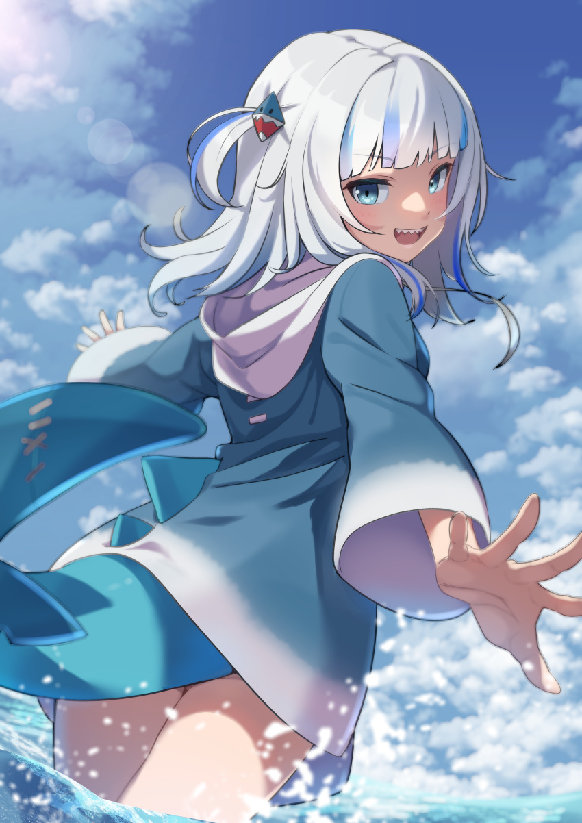 1girl absurdres blue_eyes blue_jacket blue_sky blunt_bangs cloud day fins fish_tail from_behind gawr_gura highres hololive hololive_english jacket long_sleeves looking_at_viewer looking_back miu_(angelo_whitechoc) ocean open_mouth outdoors partially_submerged shark_tail sharp_teeth sky smile solo tail teeth white_hair