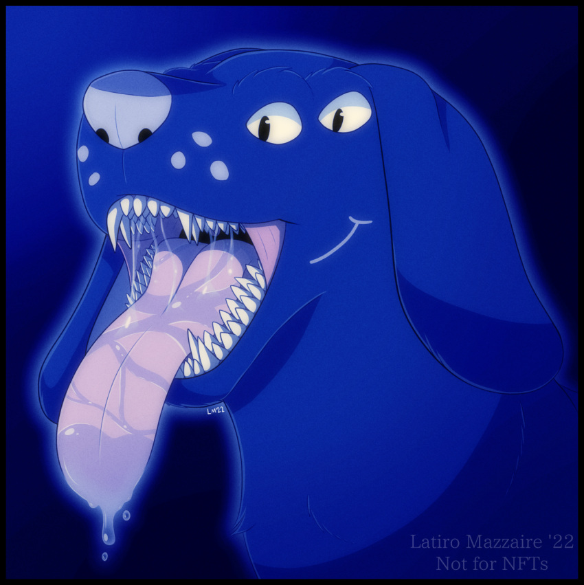 ambiguous_gender blue_body blue_fur bodily_fluids canid canine canis carehound domestic_dog don't_hug_me_i'm_scared drooling feral floppy_ears fur hi_res mammal mouth_shot open_mouth saliva sharp_teeth smile snout solo spicynoodlecup teeth tongue tongue_out unusual_eye_placement