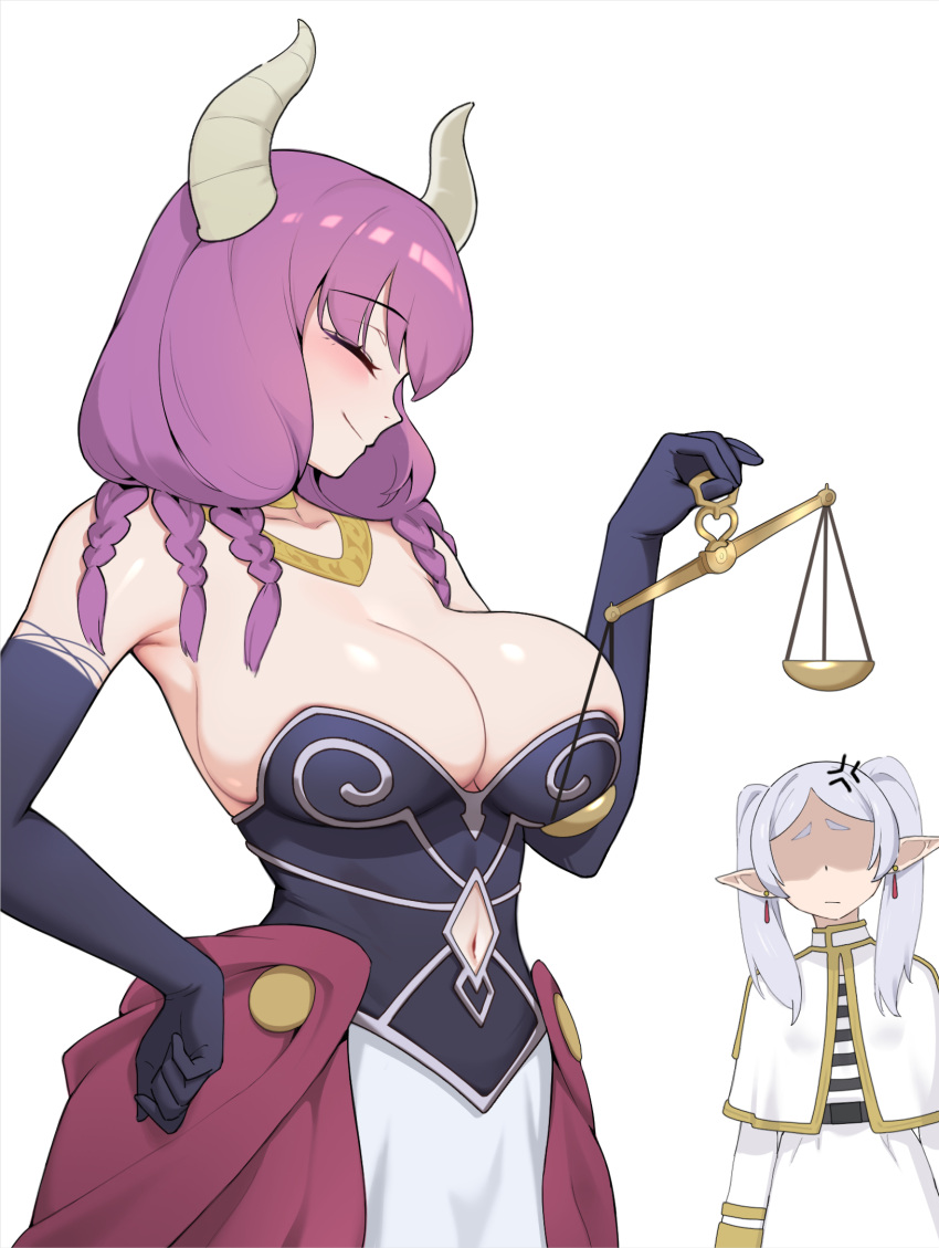 2girls ^_^ anger_vein aura_(sousou_no_frieren) balance_scale black_gloves black_shirt blush braid breasts cleavage closed_eyes clothing_cutout demon_horns elbow_gloves elf faceless faceless_female frieren gloves grey_hair highres horns houkago_shounen large_breasts multiple_girls navel_cutout pointy_ears purple_hair shaded_face shirt sideboob simple_background smile sousou_no_frieren strapless strapless_shirt twintails weighing_scale white_background