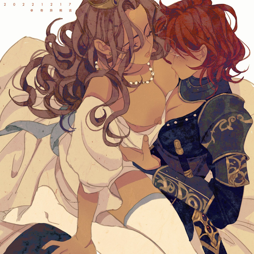 2girls armor biting brown_hair closed_eyes dated dress freckles highres long_hair luoman19921 multiple_girls nipple_biting nipples no_shoes original red_hair short_hair simple_background sitting sitting_on_lap sitting_on_person thighhighs white_background white_dress white_thighhighs yuri