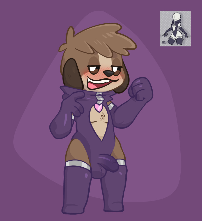 absurd_res animal_crossing blush bulge canid canine clothed clothing crushpepper digby_(animal_crossing) flaccid genitals half-closed_eyes hi_res looking_at_viewer mammal narrowed_eyes nintendo open_clothing penis skinsuit tagme tight_clothing