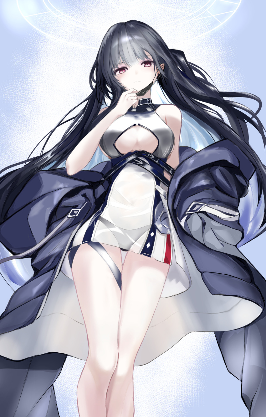 1girl absurdres azur_lane bare_shoulders black_coat black_hair black_mask black_panties breasts closed_mouth clothing_cutout coat dress highres large_breasts long_hair looking_at_viewer mask mask_pull mouth_mask noshibukuro off_shoulder one_side_up panties red_eyes see-through see-through_dress short_dress solo underboob underboob_cutout underwear west_virginia_(azur_lane) west_virginia_(retrofit)_(azur_lane)