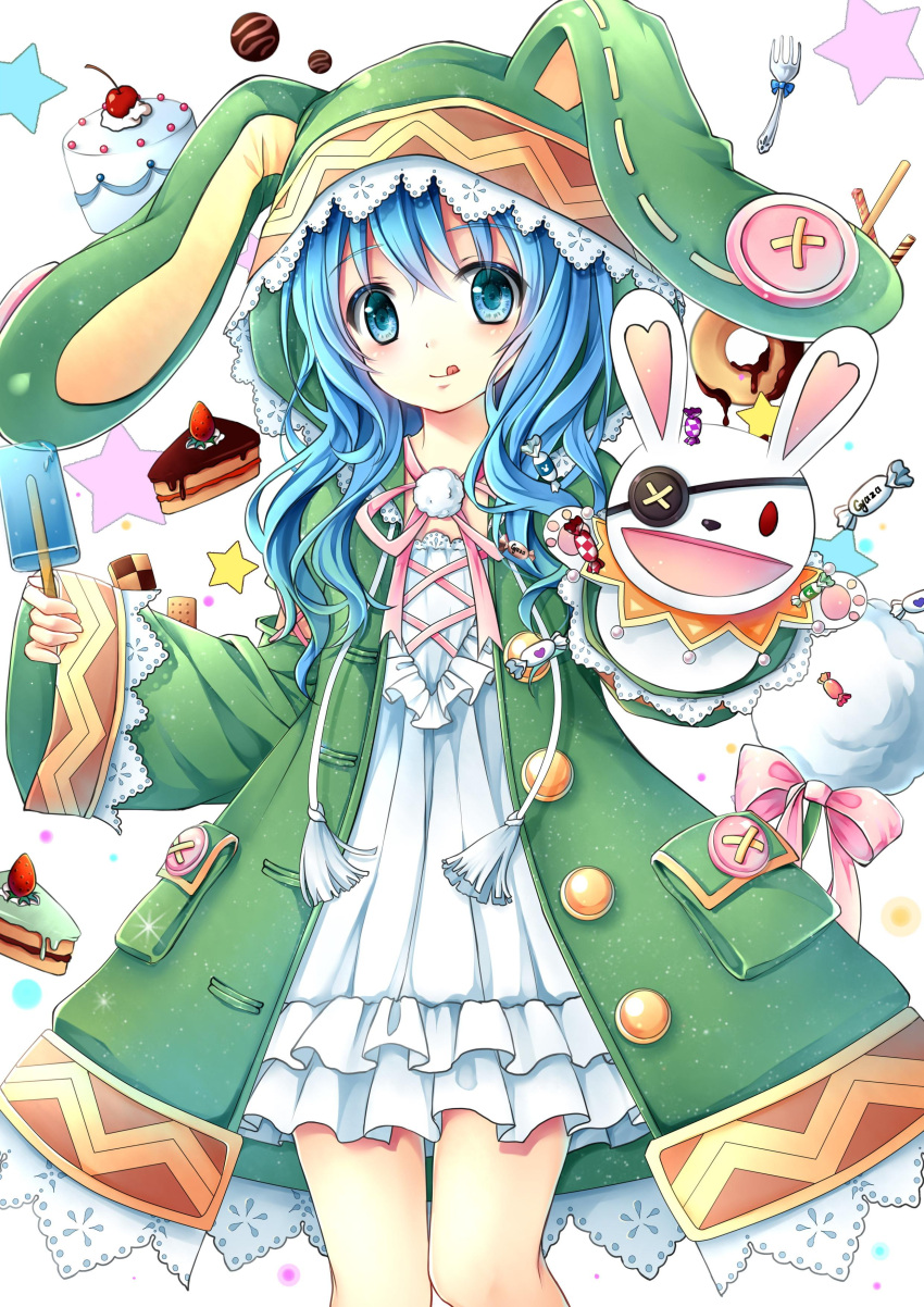 1girl :p absurdres animal_hood blue_eyes blue_hair cake candy commentary_request curly_hair date_a_live food fork gyaza hand_puppet highres holding hood long_hair looking_at_viewer photoshop_(medium) popsicle puppet rabbit_hood smile strawberry_shortcake stuffed_animal stuffed_rabbit stuffed_toy tongue tongue_out yoshino_(date_a_live) yoshinon